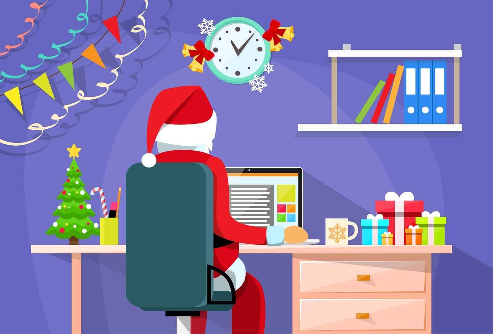 Santa Claus Sitting Desk Using Laptop Internet Back Rear View Christmas Holiday Flat Vector Illustration