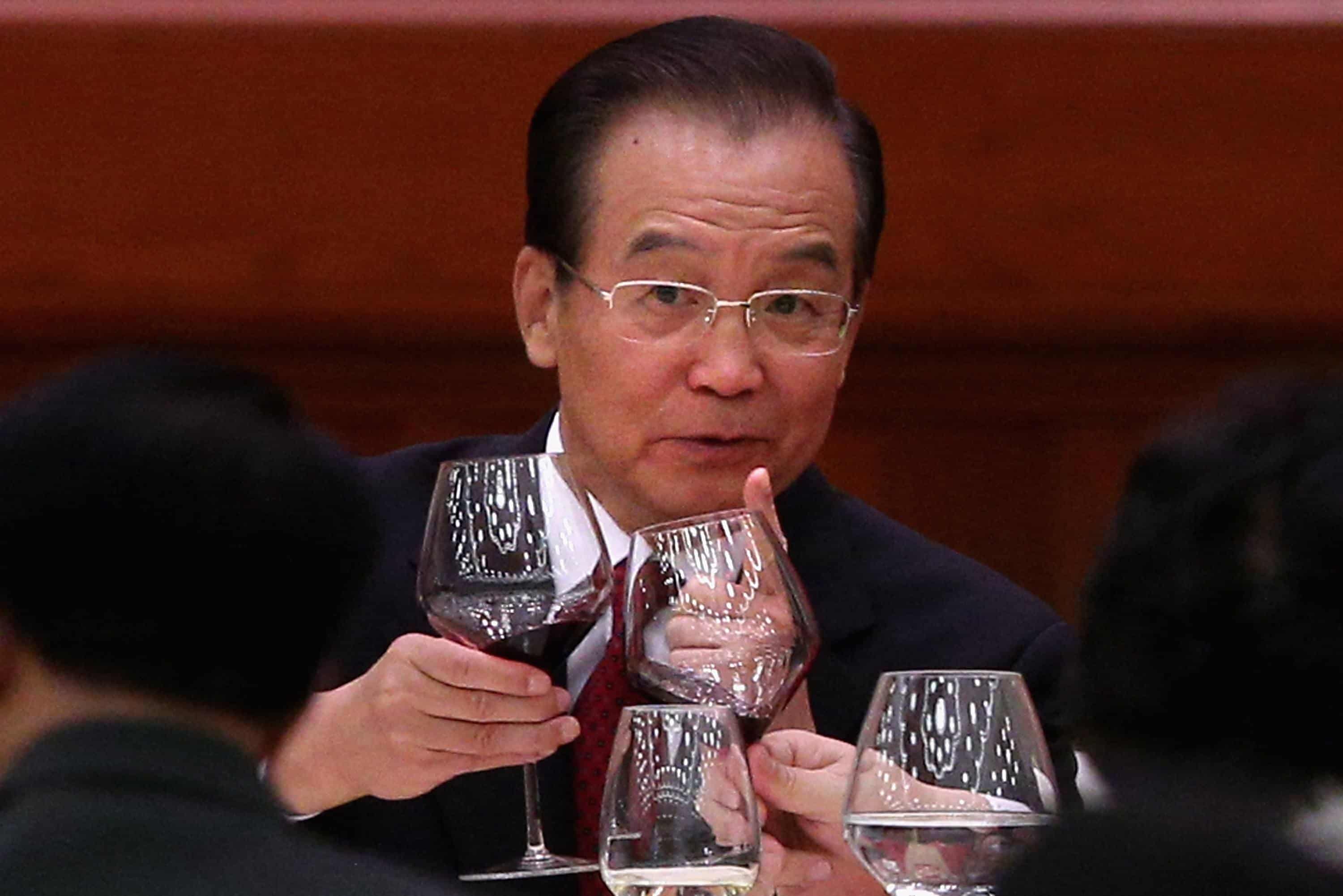 BEIJING, CHINA - SEPTEMBER 29: Chinese Prime Minister Wen Jiabao attends the banquet marking the 63th anniversary of the founding of the People's Republic of China on September 29, 2012 at the Great Hall of the People in Beijing, China. China must steadfastly advance institutional reforms in economic, political, cultural, social and other fields and stick to the opening-up policy, Premier Wen Jiabao said on Saturday. (Photo by Feng Li/Getty Images)